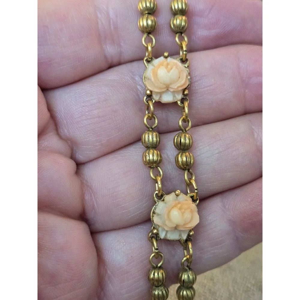 Goldette Peach Carved Celluloid Rose Goldtone Bracelet Signed Vintage 7.5in